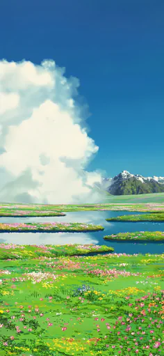 Watercolor meadow of wildflowers beside still water, a great cloud rising over distant mountains