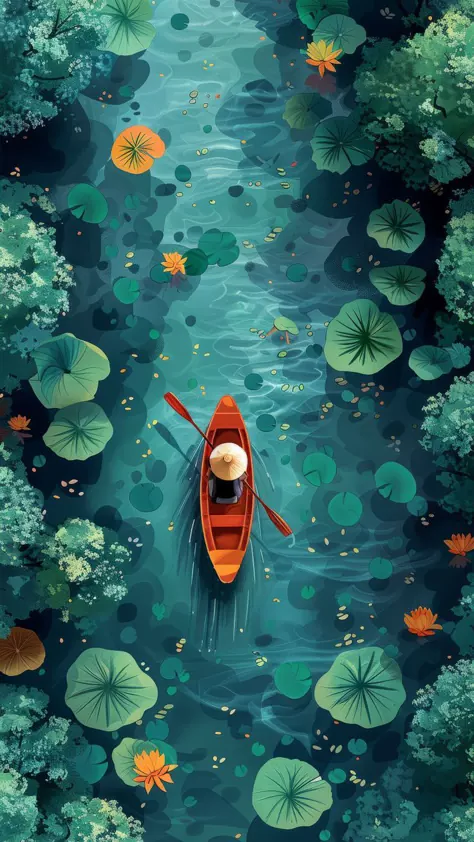 A boat on a misty lake surrounded by hills